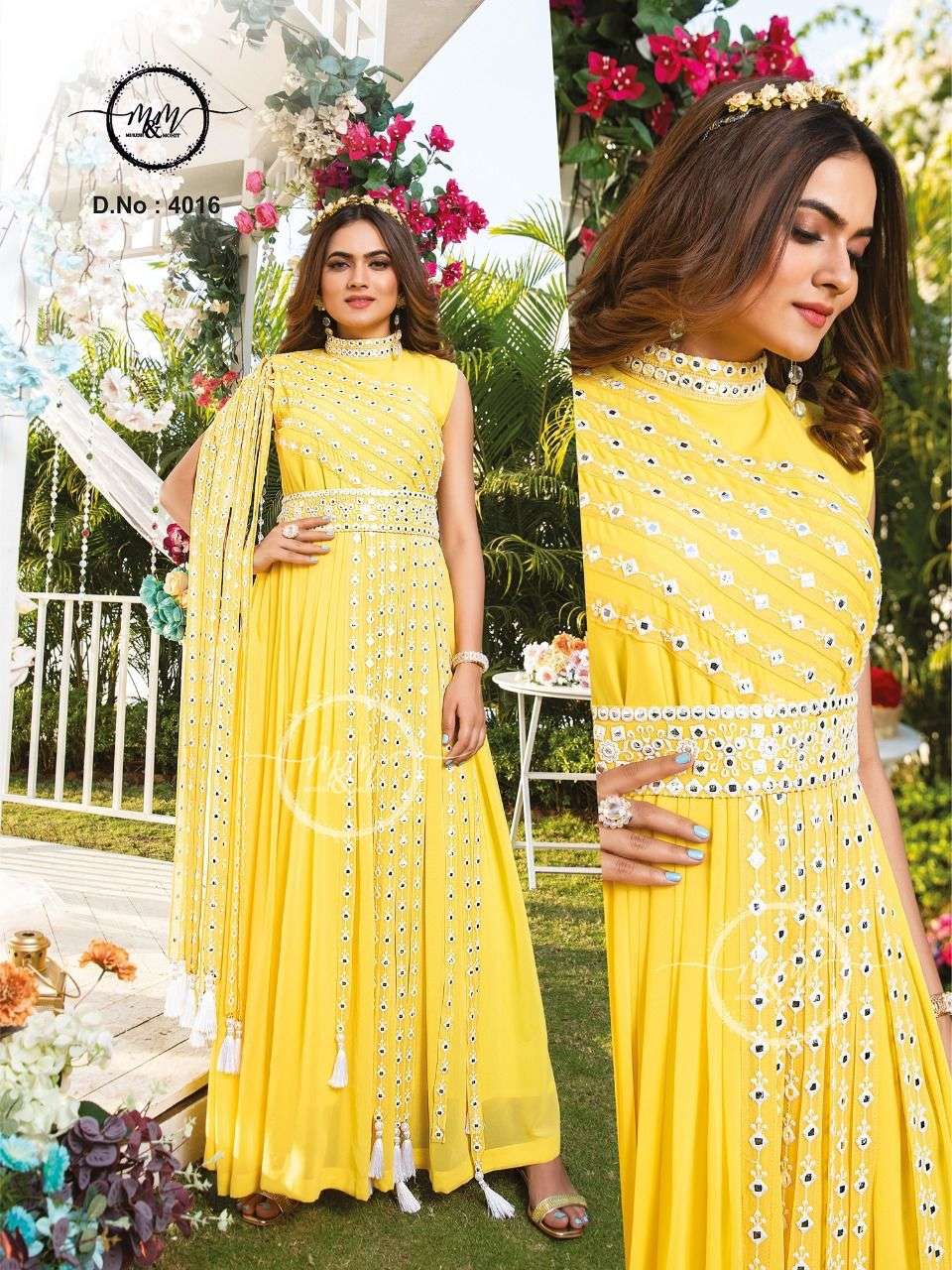 awesome arrival m n m design number 4018 gown georgette indo western  yellow colour gown