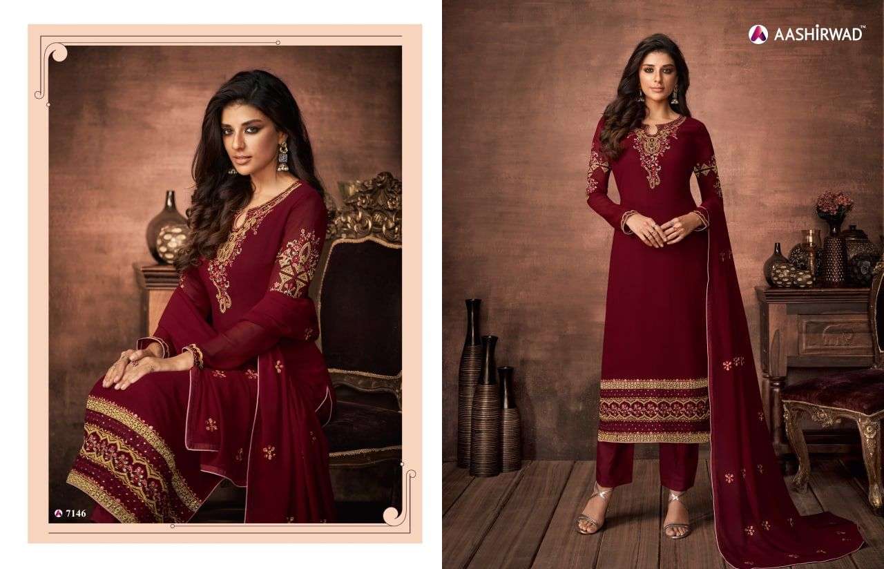 brand aashirwaad catalogue nazakat 7146 to 7151 series indian straight suits collection dress churidar salwar kameez