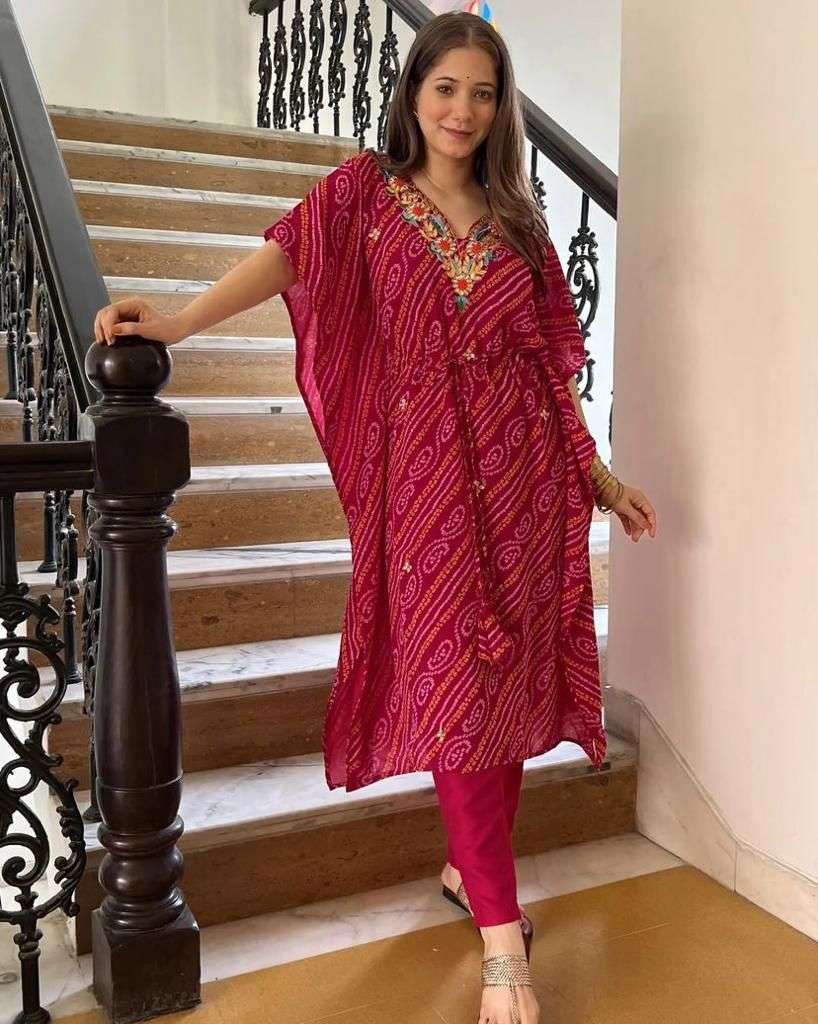 embroidery kaftan kurtie indian kaftan with kurtie and pant silk fabric kaftan bandhani style print kaftan tafeta silk pant 