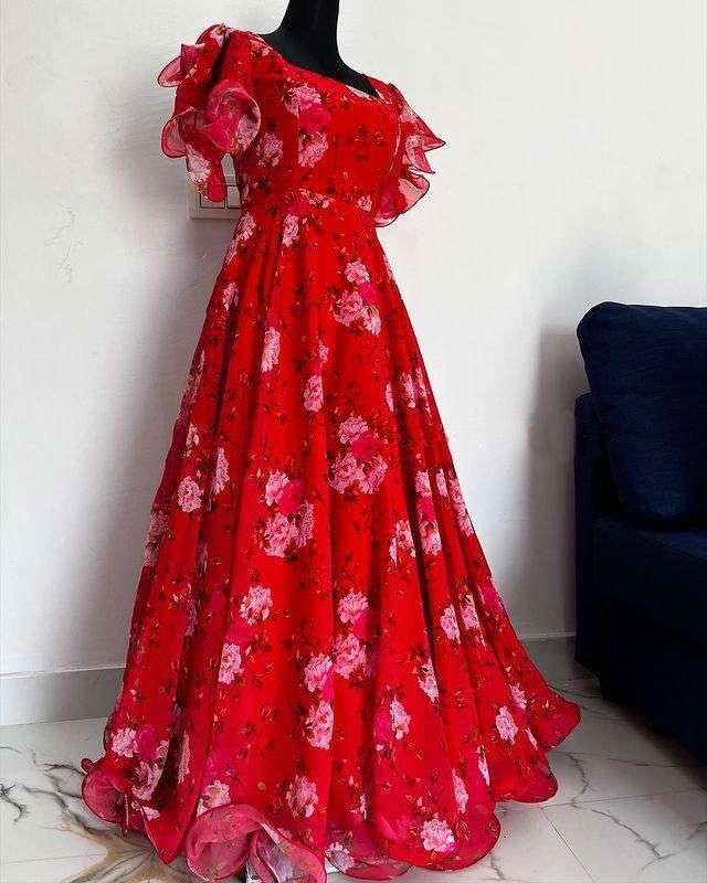 Red beautifull flower print gown georgette maxi dress with flare sleeves red gown