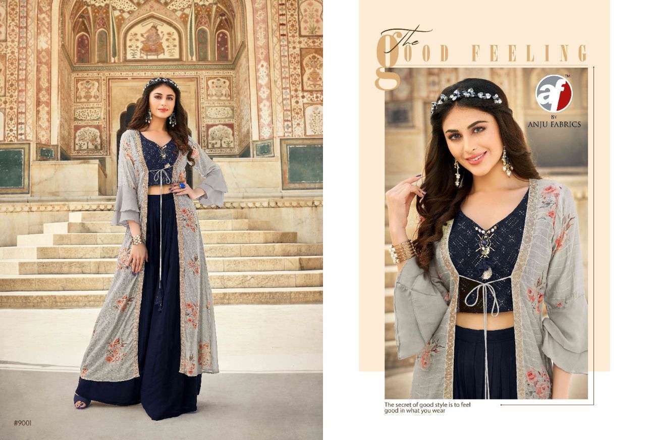anju fabrics catalogue occasion series 9001 to 9004 indo wester indian wear crop top with jacket and plazo indian girl wearables for occasion