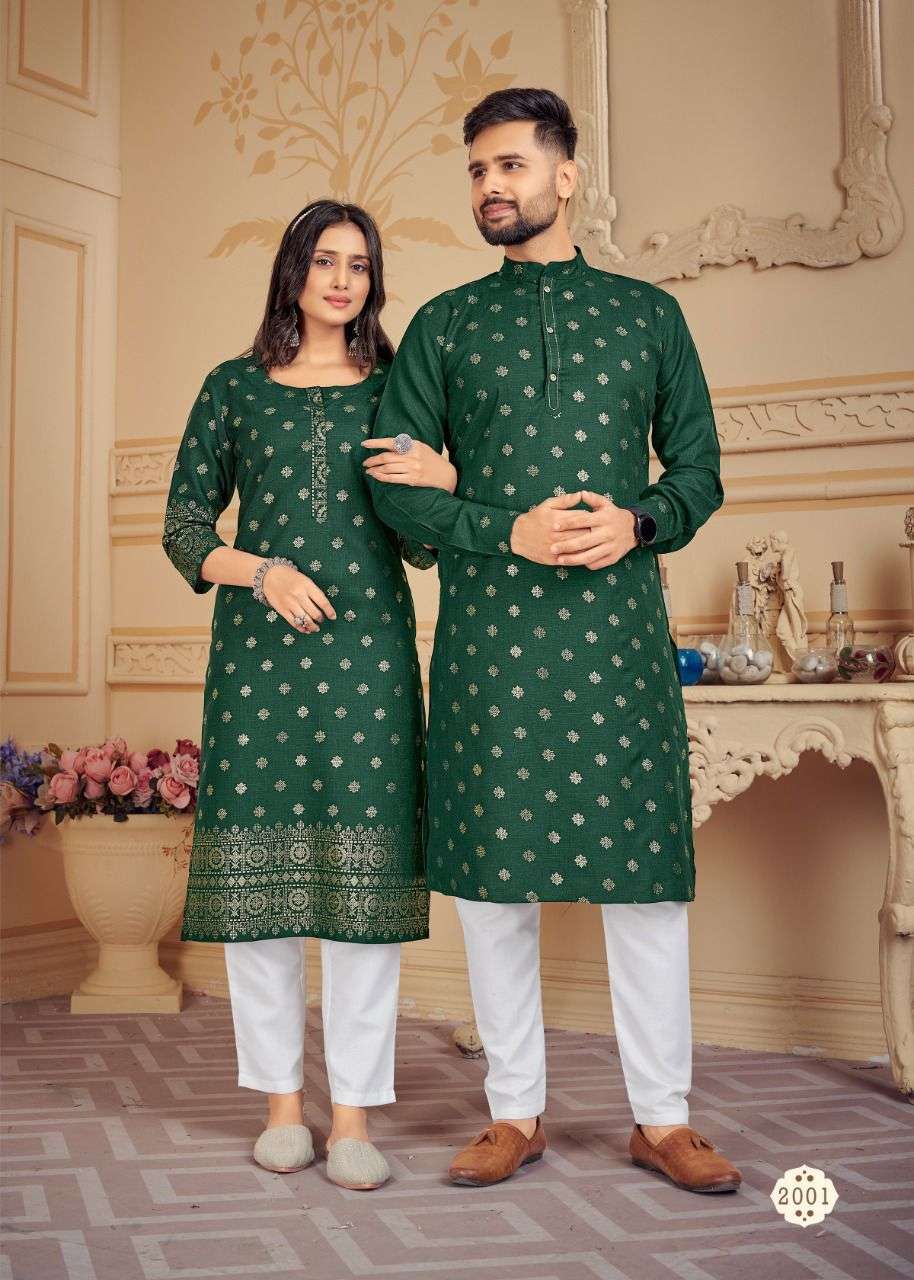 couple kurtie and kurta combo cotton stitched multi colours foil print couple twining with same wearables indian traditional wear wholesaler of kurtie in surat 