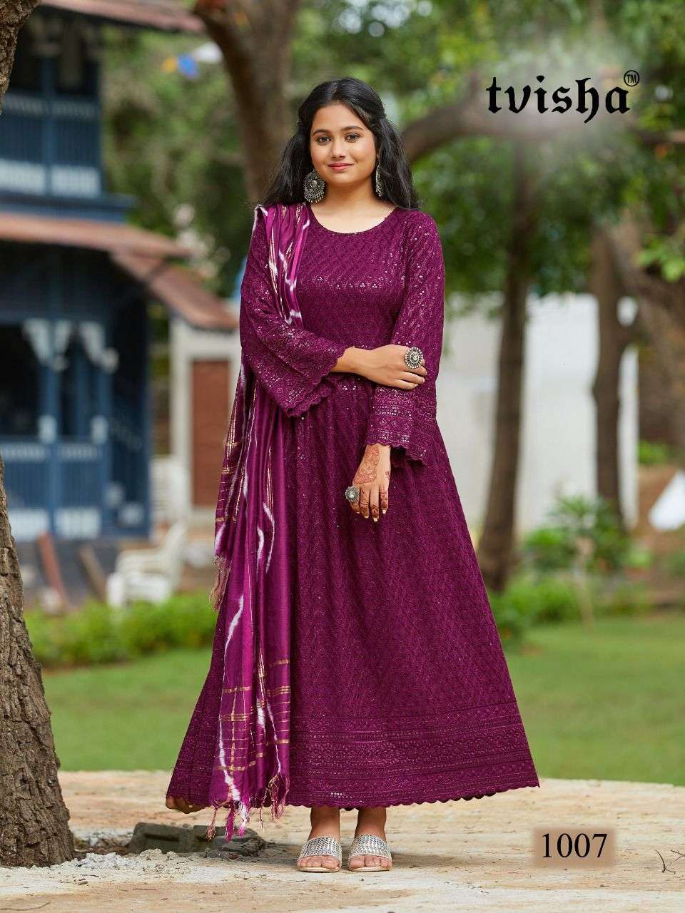 gulabo 3 full sleeves gown with duppta set in chikan work lucknavi work suit Schiffli work Suits india readymade gown with duppta collection
