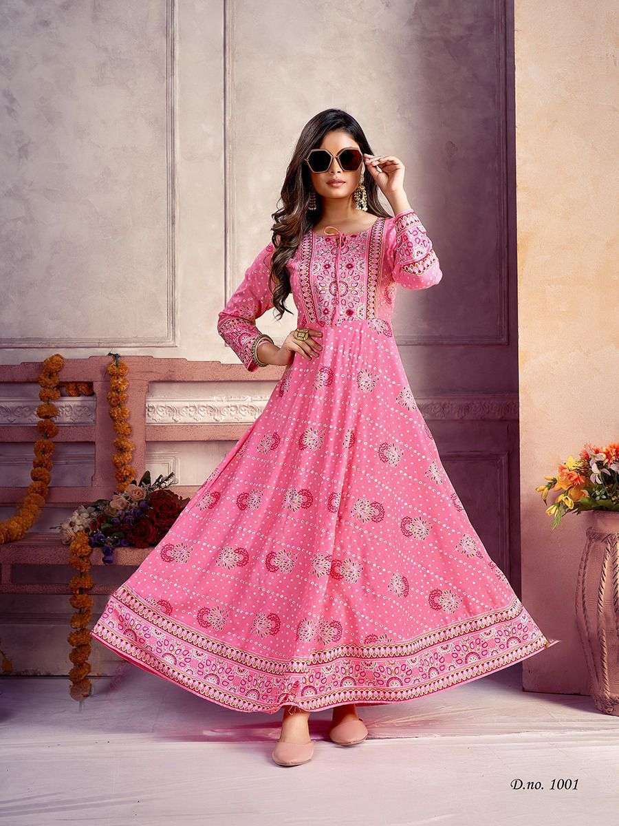 heavy reyon cotton gown with jaipuri print and embroidery work cotton gown full flair reyon cotton gown glamour 14 series 1001 to 1004 
