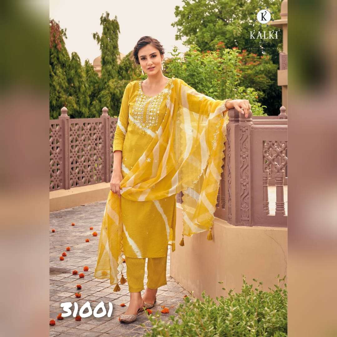 womens indian festival wear readymade suits collection by3 kalki fashion rang catalogue series 31001 to 31006  indian readymade dresses collection pure viscose silk fully stiched kurtie with pant and duppta 