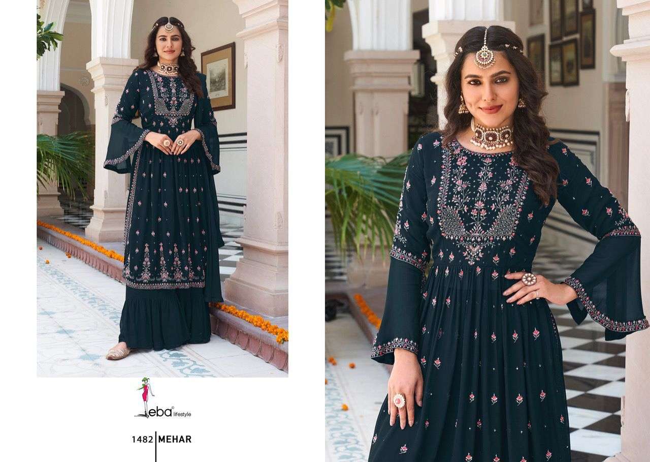 eba lifestyle mehar vol 1 series 1479 to 1482 faux georgette suit with embroidery work suits wholesaler of catalogue suit in surat 