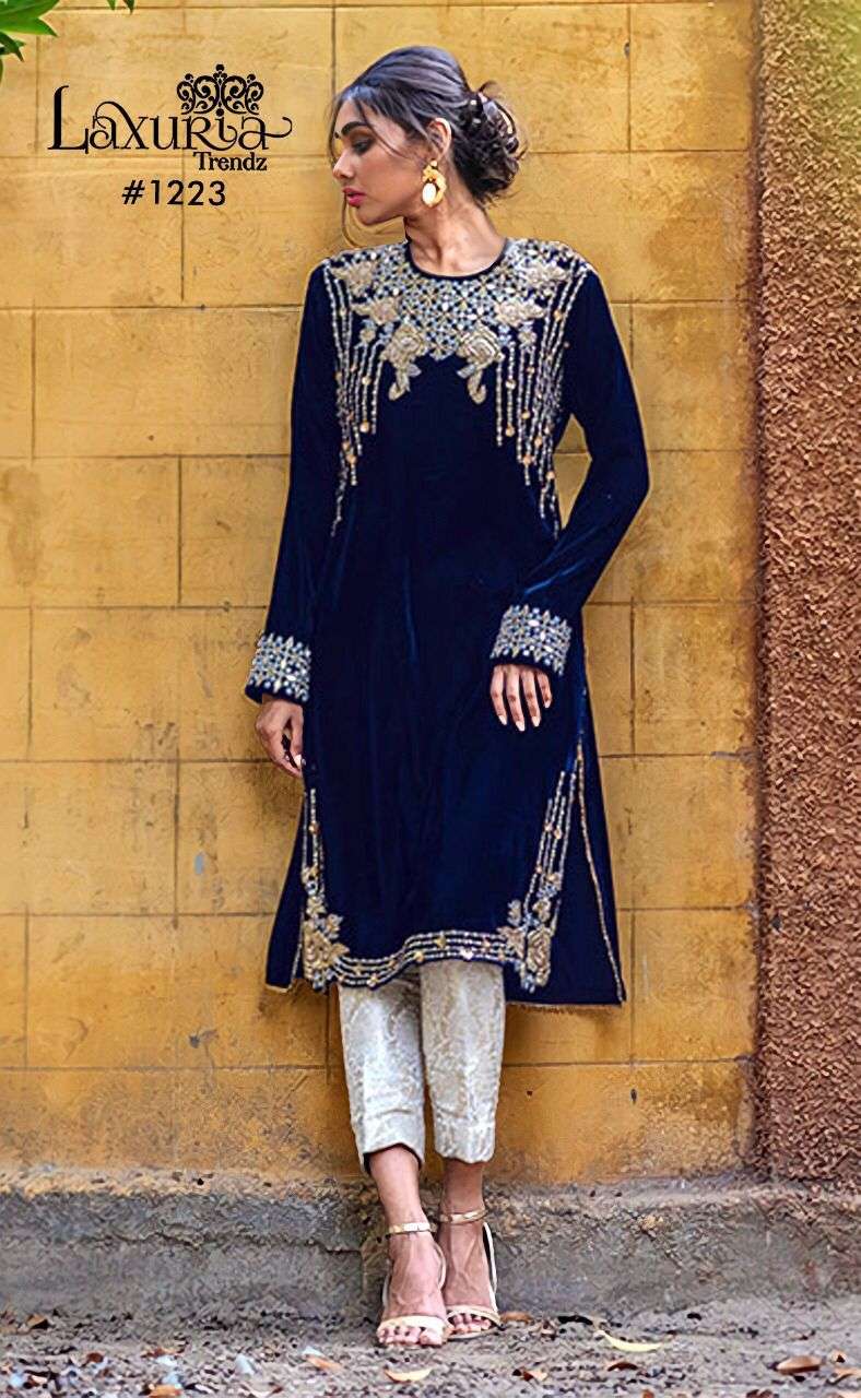 laxuria trendz special winter collection 2022 design number 1223 designer embroidery velvet top n bottom Look Classy Style Tunic In Velvet n Jecquard Pant in our new Designer Winter collection
