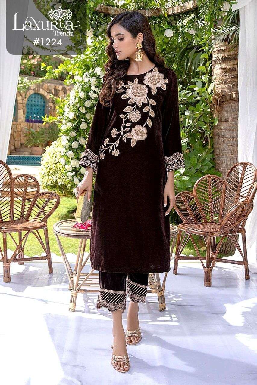 laxuria trendz winter collection 2022 design number 1224 9000 velvet suit collection pakistani readymade suit collection