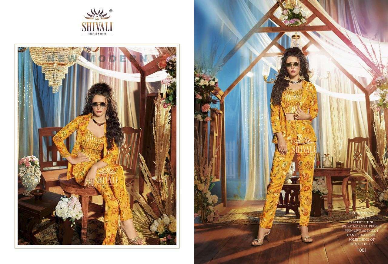 coord set by shivali iconic trendz designer western crop top jacket and pant for girls coord set western wear for occasion shivali catalogue bebo series 1001 to 1005
