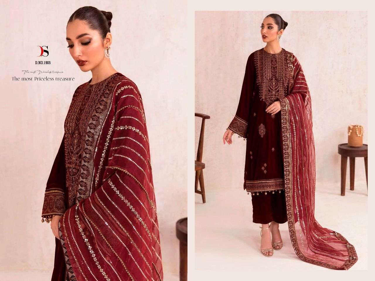 hit designs velevt by deepsy suits design number 1902  n 1905 velvet with embroidery suits