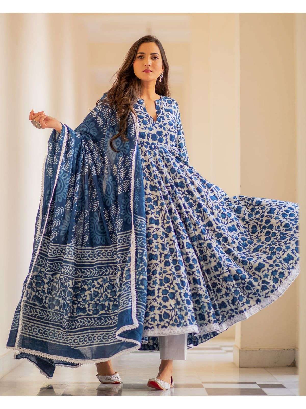 Kurtie Dabu Print Gown kurta Duppta with pant Cotton indian readymade cotton gown style dresses