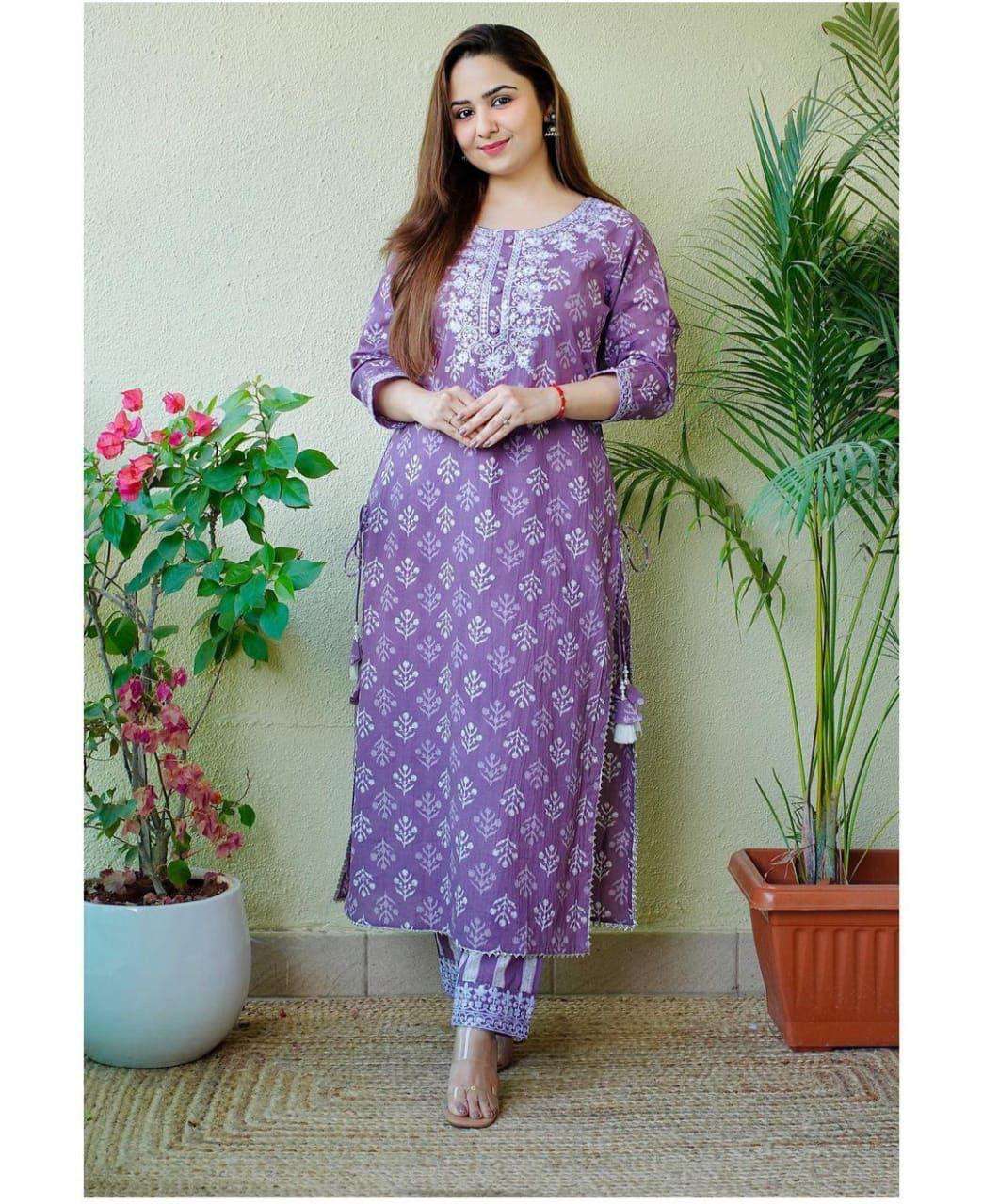 purple and pink kurtie set dangled reyon cotton set indian kurtie with pant readymade collection exporter of kurtie in india