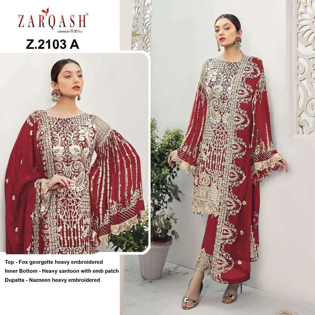 zarqash catalogue rangoon design number 2103 fox georgette heavy embroidered pakistani suits collection 
