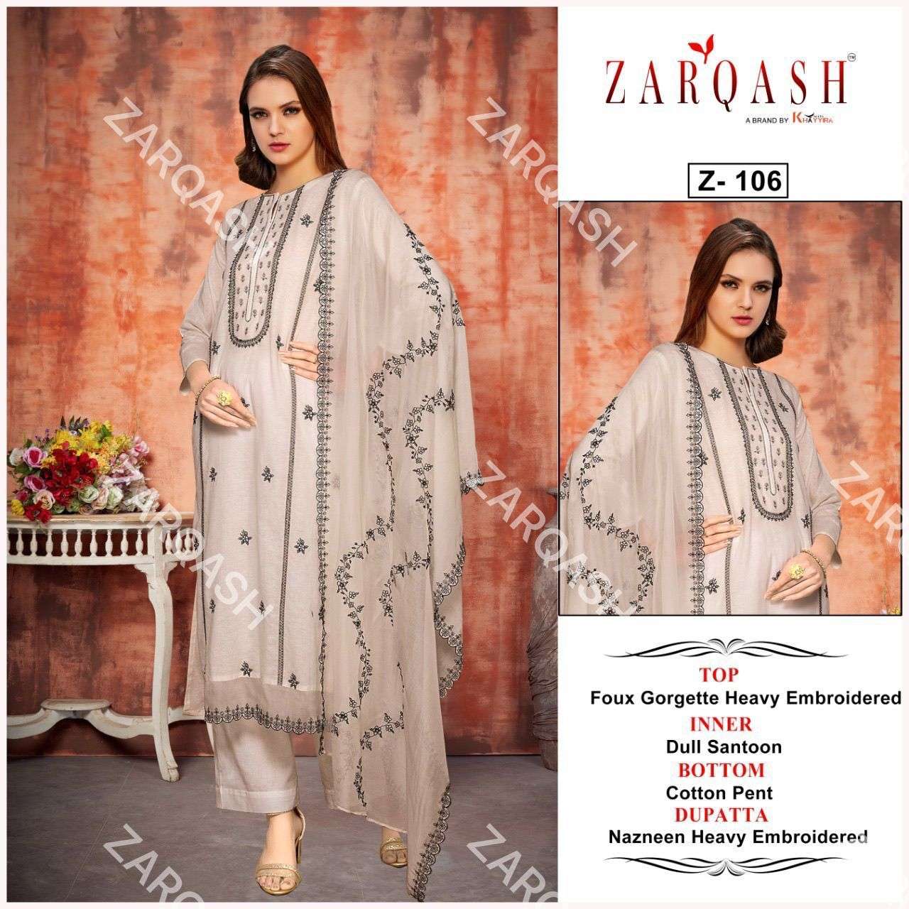 zarqash readymade collection design number 106 a faux georgette white colour readymade suit 