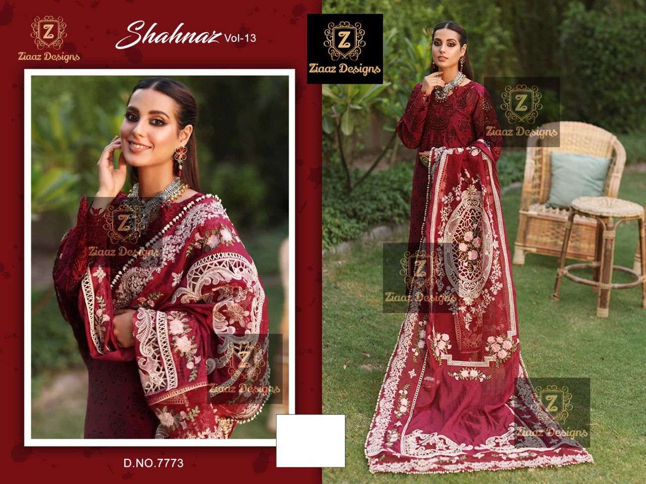 ziaaz designs shehnaz vol 13 design number 7773 semi stiched pakistani suits collection