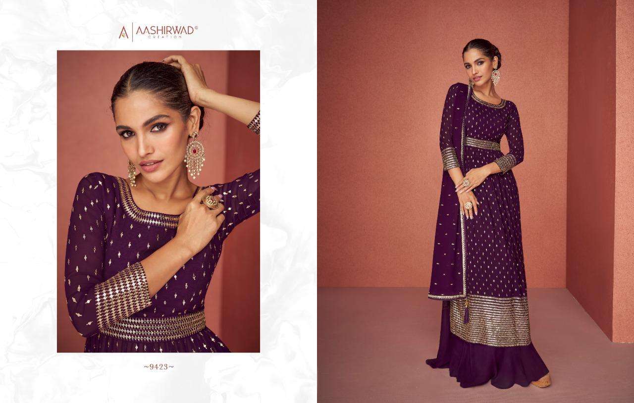 aashirwaad creation catalogue aroma series 9423 to 9427 real georegette indian designer cataogue dresses collection