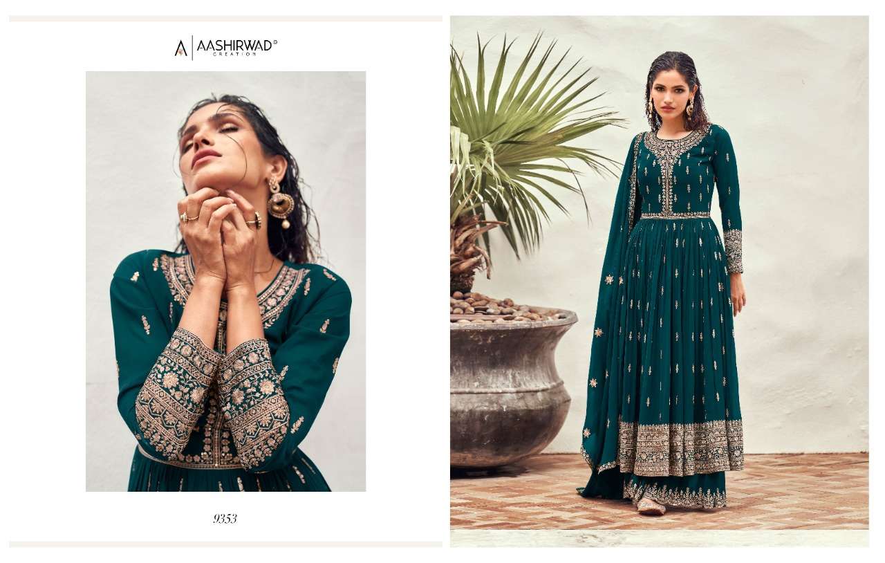 aashirwaad creation catalogue taashi series 9353 to 9357 real georgette umbrella style top and plazo catalogue brand suit collection 