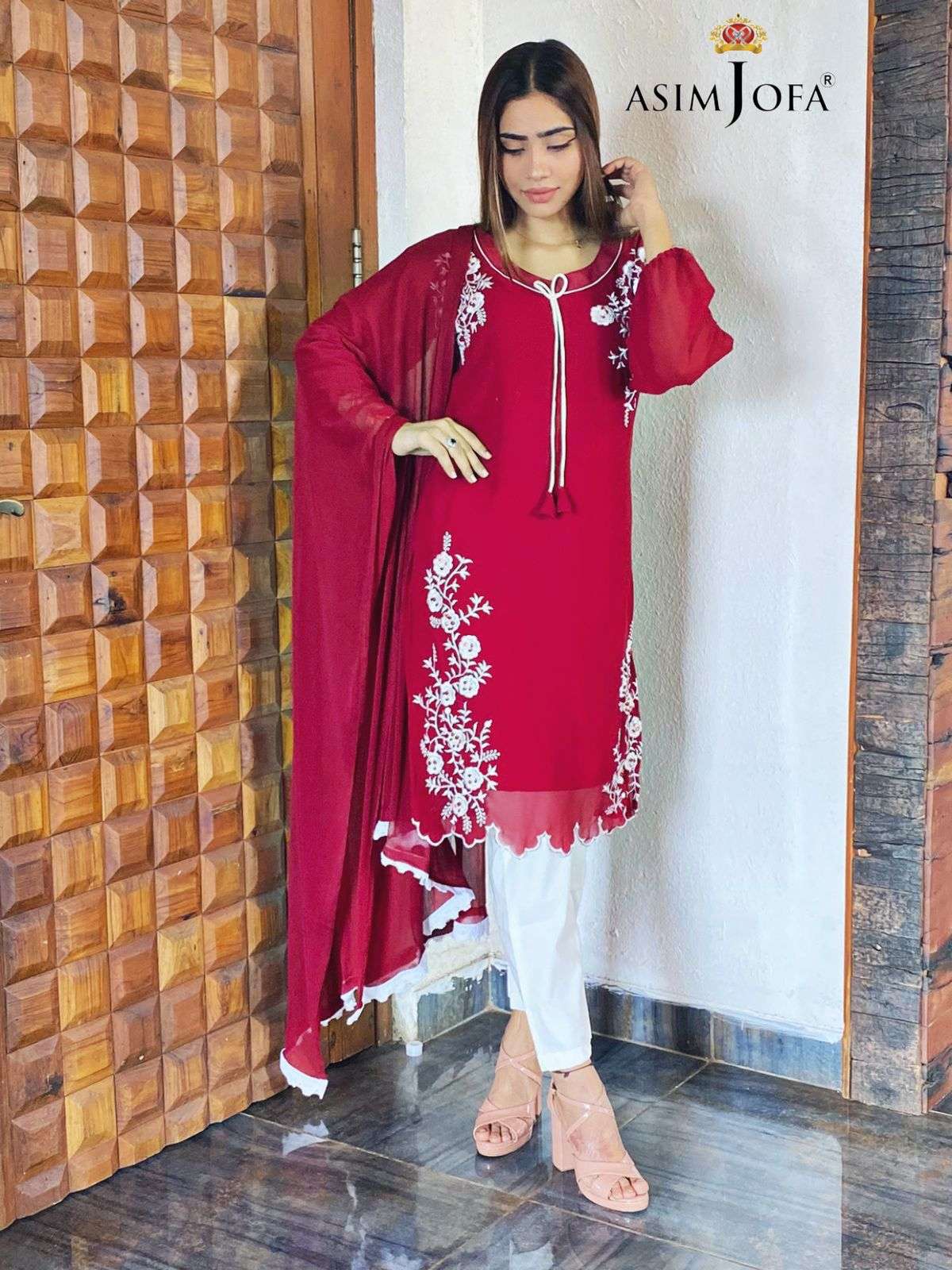asimjofa design number 56094 red and white readymade dress collection pakistani concept readymade suit