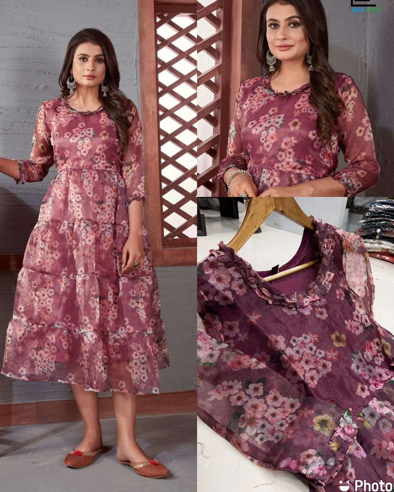 charmi floral print full flair n frill gown organza print with inner gown frock for girlish wear stylish frock style gown for daily wear