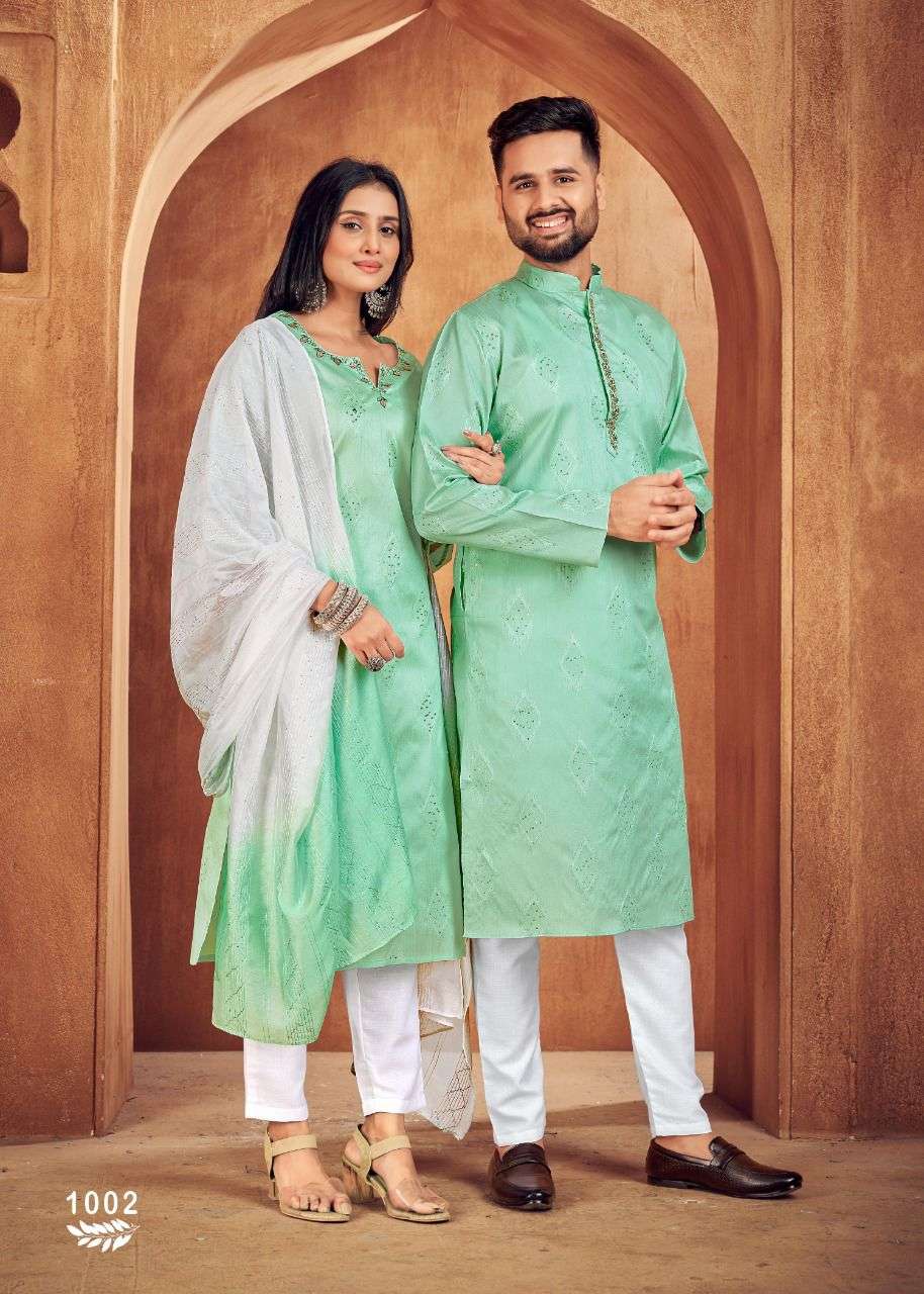 couple goals hand work addition indian couple wearing same kurta and kurtie combo traditional wear couple twinning wearbles combo 