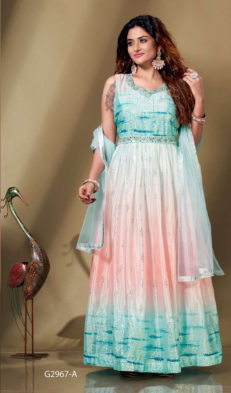 design number g 2697 designer heavy anarkali style suit with gown collection designer hand embelished neck belt with hand work pure sprangle with print work 
