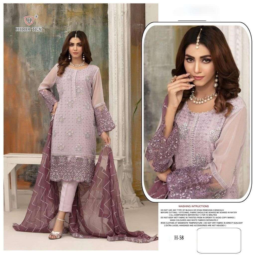 pakistani new concept design number h 58 hoor tex faux georgette designer pakistani suits partywear dresses collection  