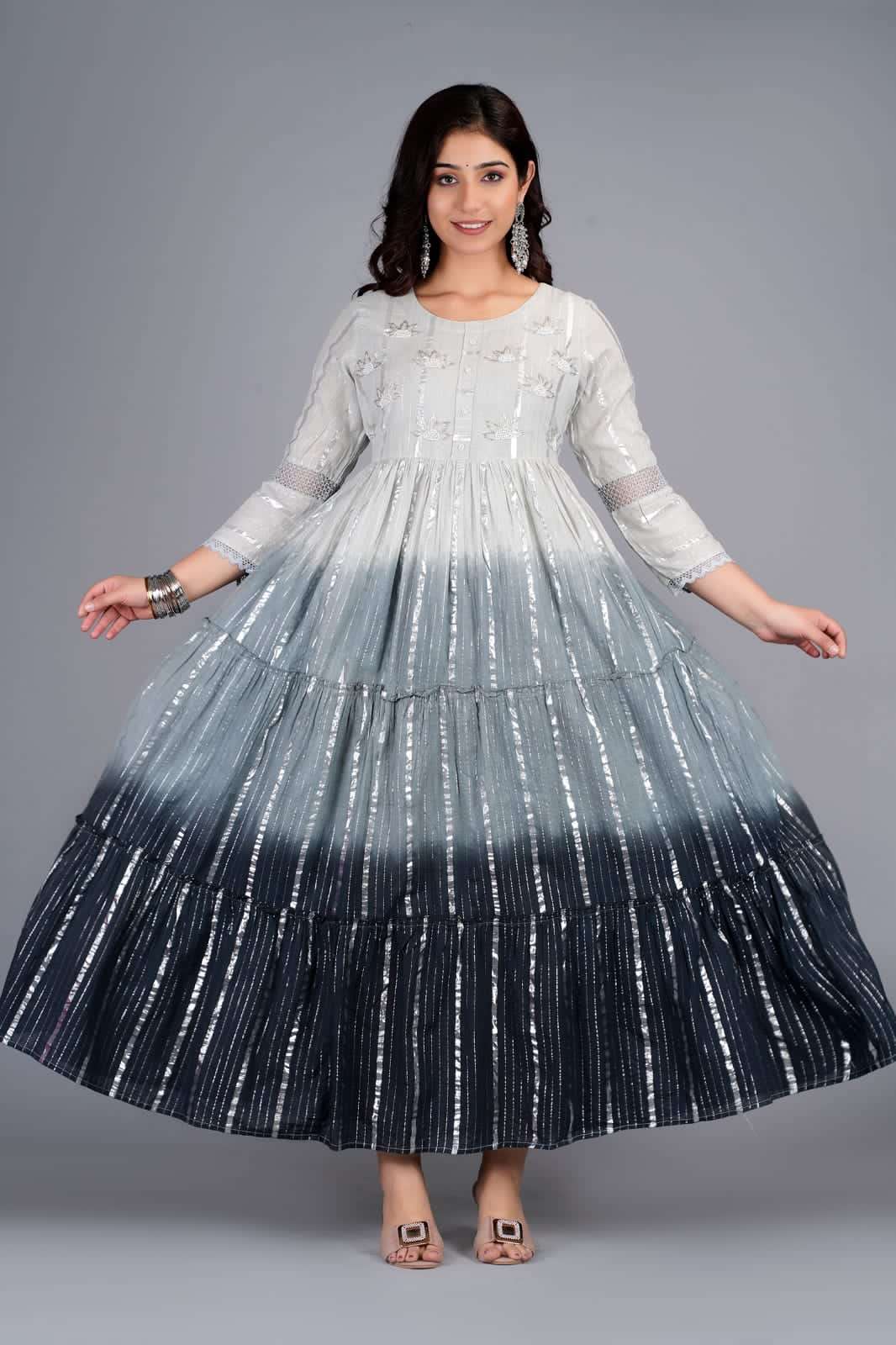 traditional pure cotton lurex floor touch gown with tie die print for women girls gown wedding wears and formal looks 