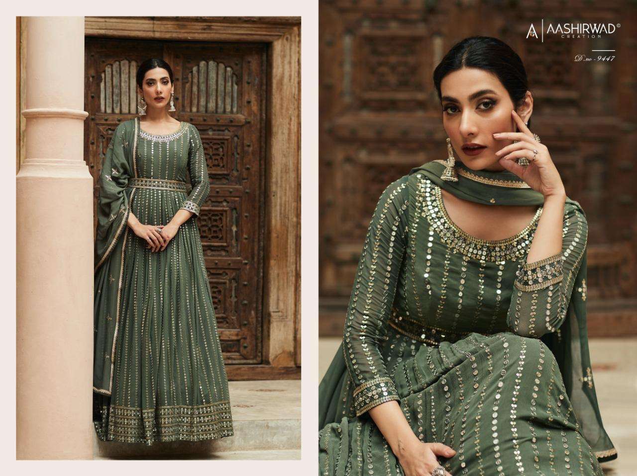 aashirwaad creation catalogue aza 9447 series indian full anarkali gown designer partywear catalogue suits collection