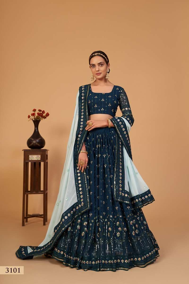 aawaiya catalogue sanaya vol 1 series 3101 to 3104 new trending georgette lehenga choli with contrast duppta designer lehenga lehenga for wedding funtion traditional function festive wear lehenga 