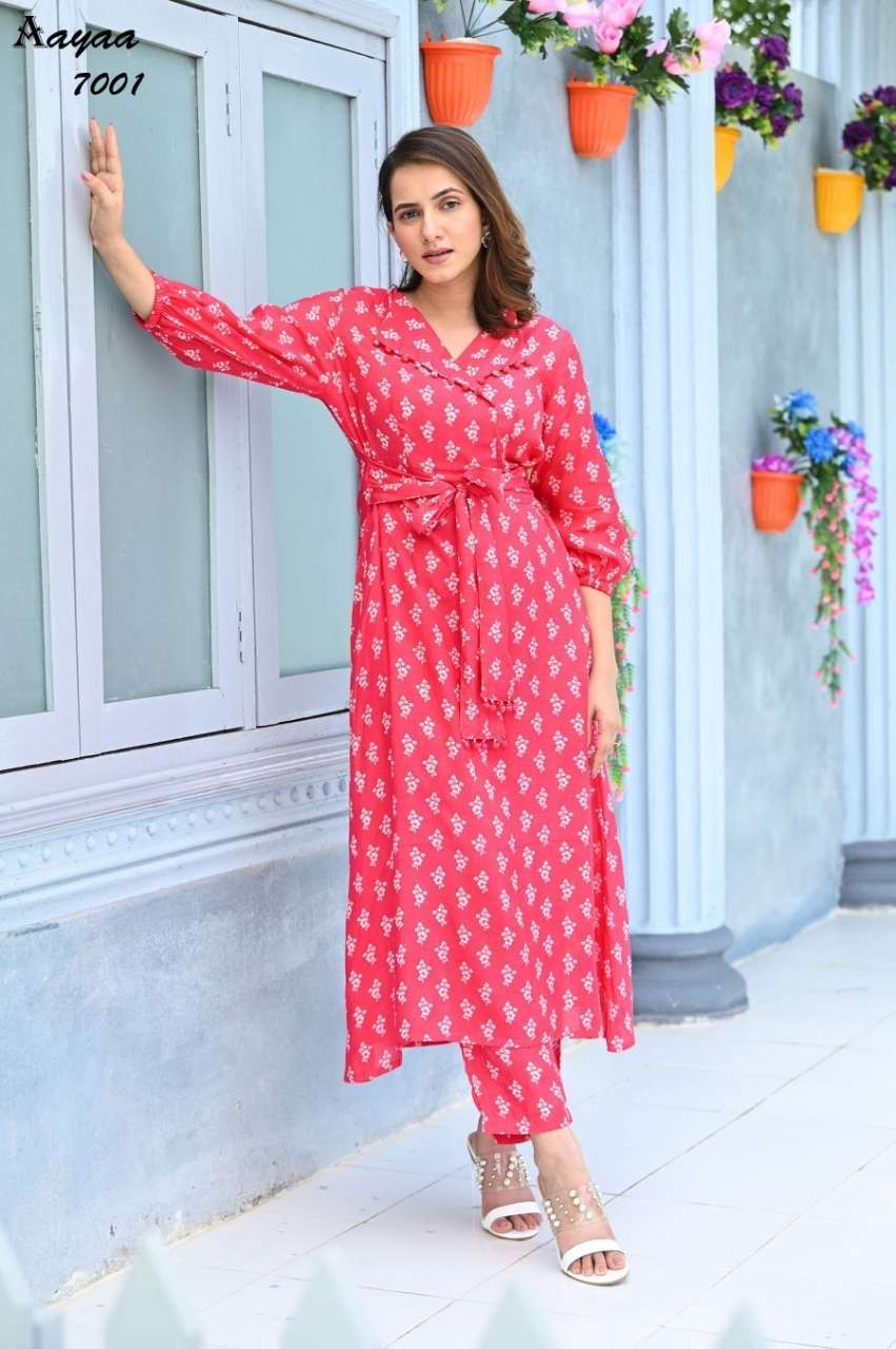 aayaa vol 7 series design number 7001 to 7005 pure maslin silk with heavy digital printed work kurtie with pant coord set kurtie and pant dailywear collection