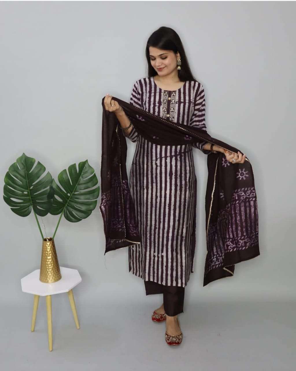 batik kurta with neck embroidery readymade set brown colour readymade suit blended cotton readymade suit collection