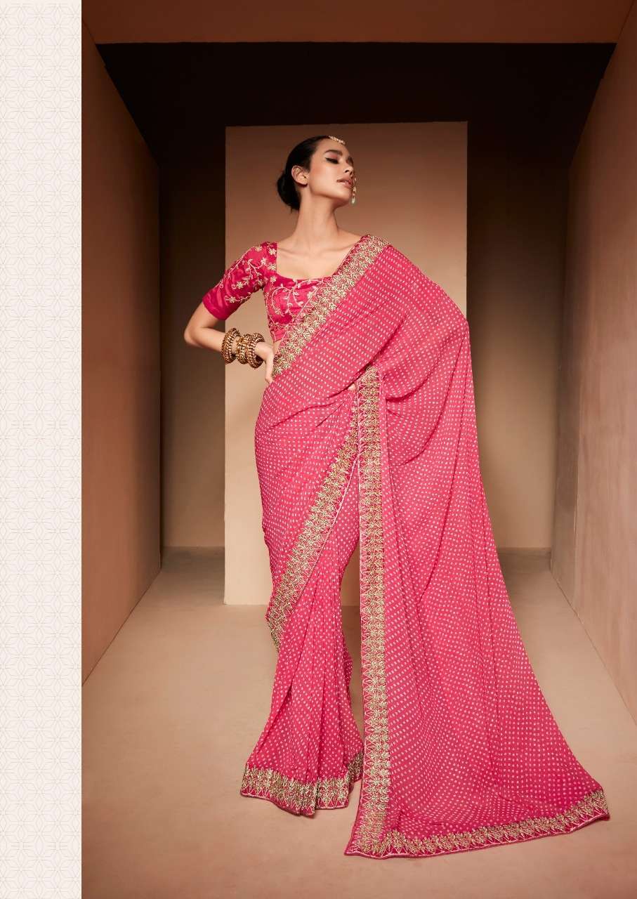 brand satvam catalogue khazana series kh 1001 to kh 1010 georgette bandhani print fabric with embroidery border bandhani print partywear georgette saree collection