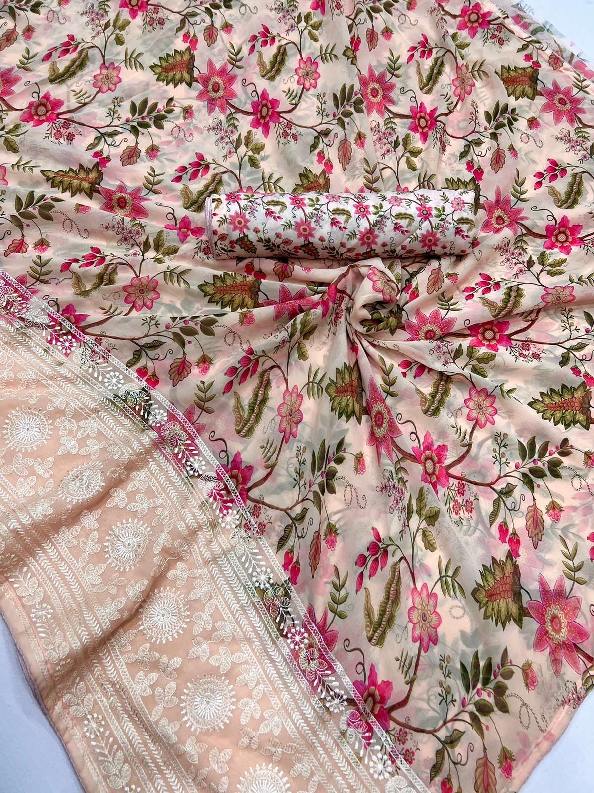 catalogue fulzadi georgette fabric with digital print in allover saree and embroidery thread work silk sattin blouse wholesaler of sarees in singles 