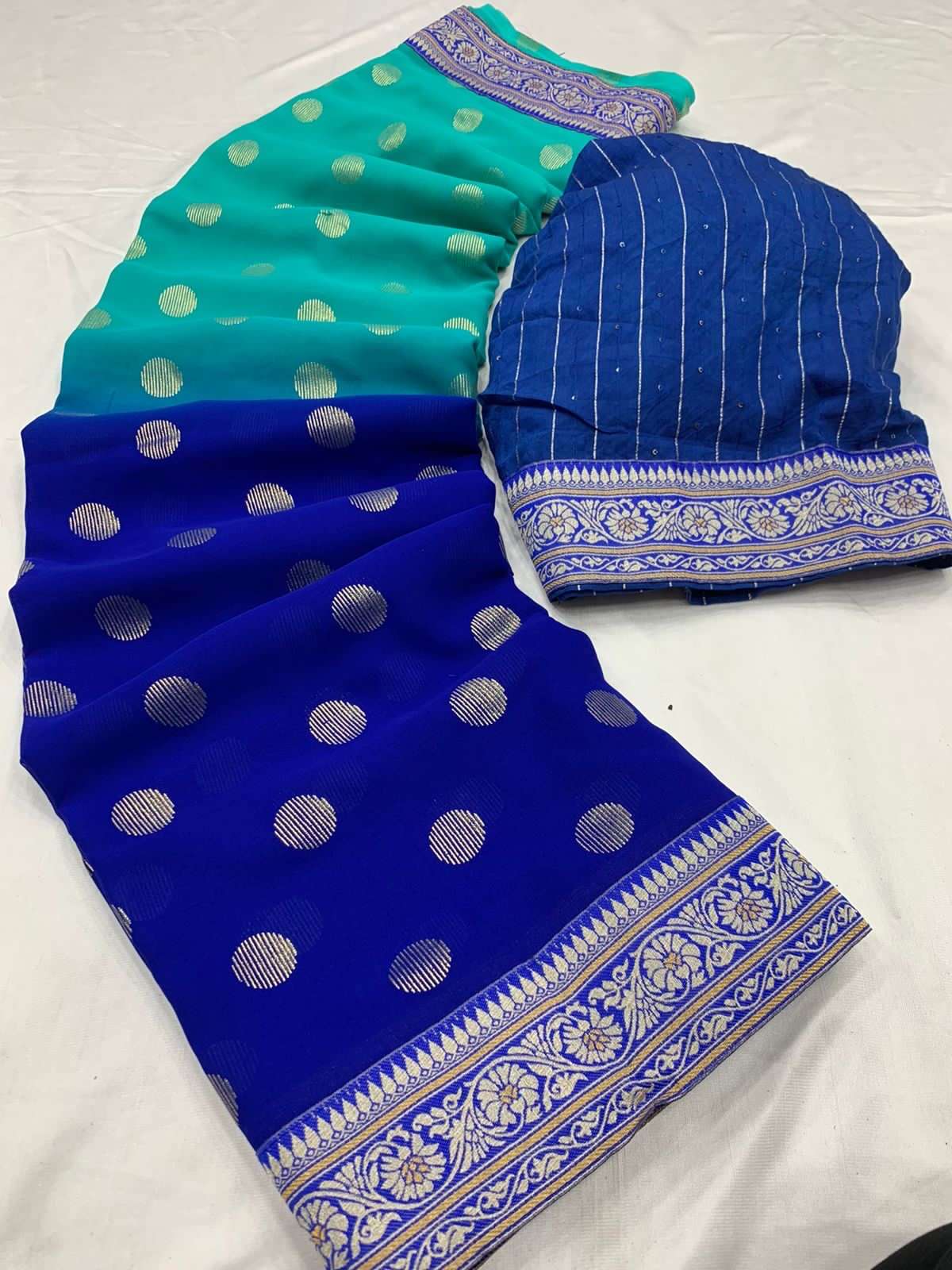 catalogue vardan two tone heavy georgette fabric all over saree foil print weaving border with weaving zari blouse indian partywear simple two tone saree collection