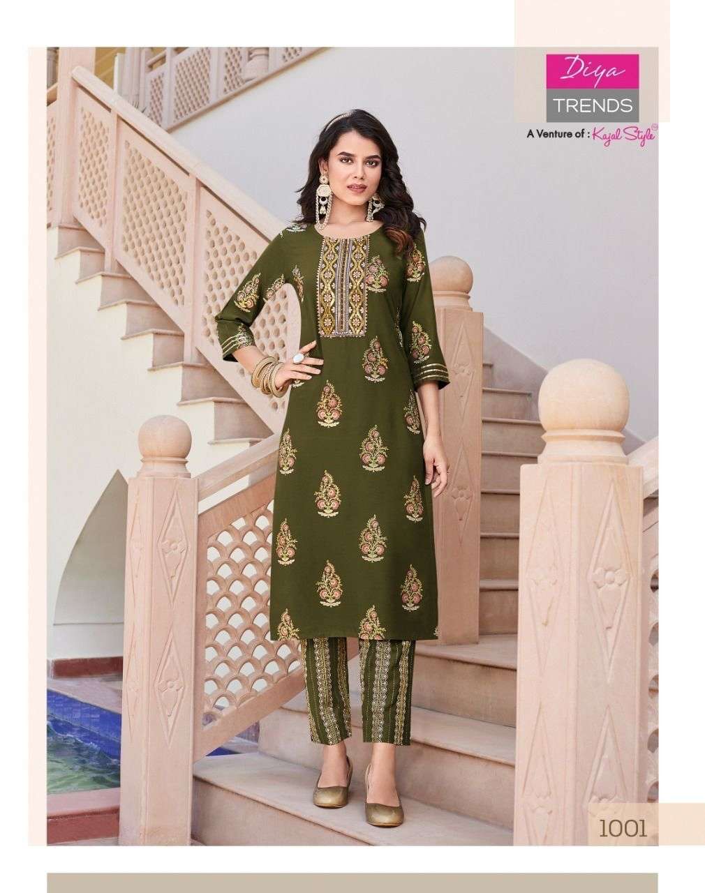 diya trendz kajal style catalogue zoori vol 1 series 1001 to 1010 straight kurtie with pant coord set same print kurtie and pant 