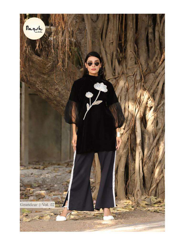 grandeur hue vol 2 opaque black Velvet side slitted matte black stretchable bell bottom cut pants indowestern