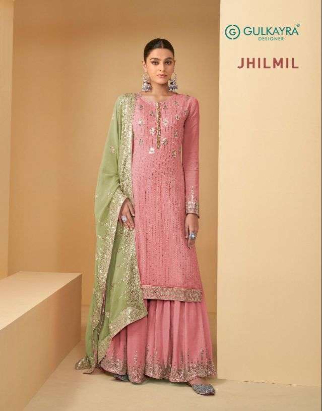gulkayra designer catalogue jhilmil series 7187 colours beautifull georgette sharara partywear dress wholesaler of catalogue suit in surat