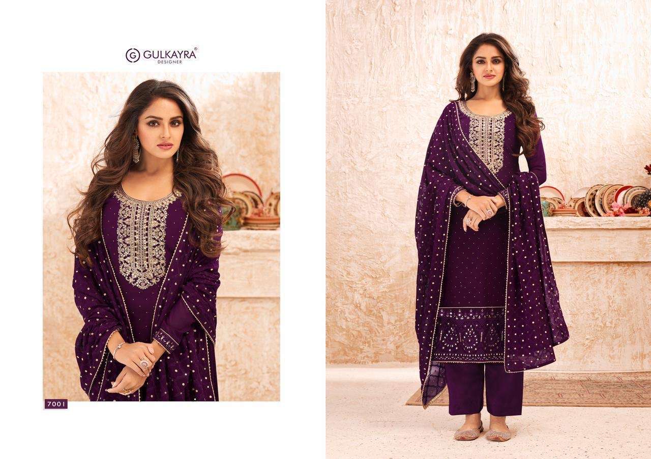 gulkayra designer catalogue nazmin series 7001 to 7005 partywear georgette indian straight suits collection 