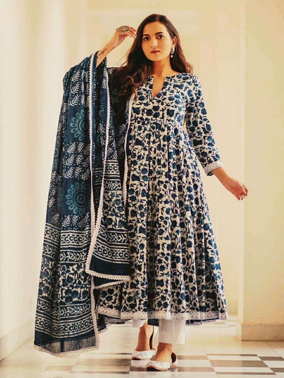 indigo dabu print cotton dress set Kurta Dabu Print Gown kurta Dupatta with pent Cotton umbrella style kurtie with pant and duppta 