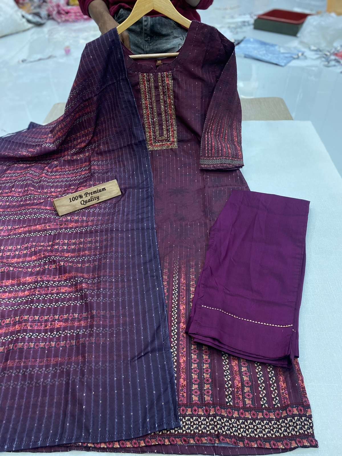 kurtie with pant and duppta muslin fabric latest print with embroidery over neck and small crochet sequnce work all over kurtie indian readymade suits collection