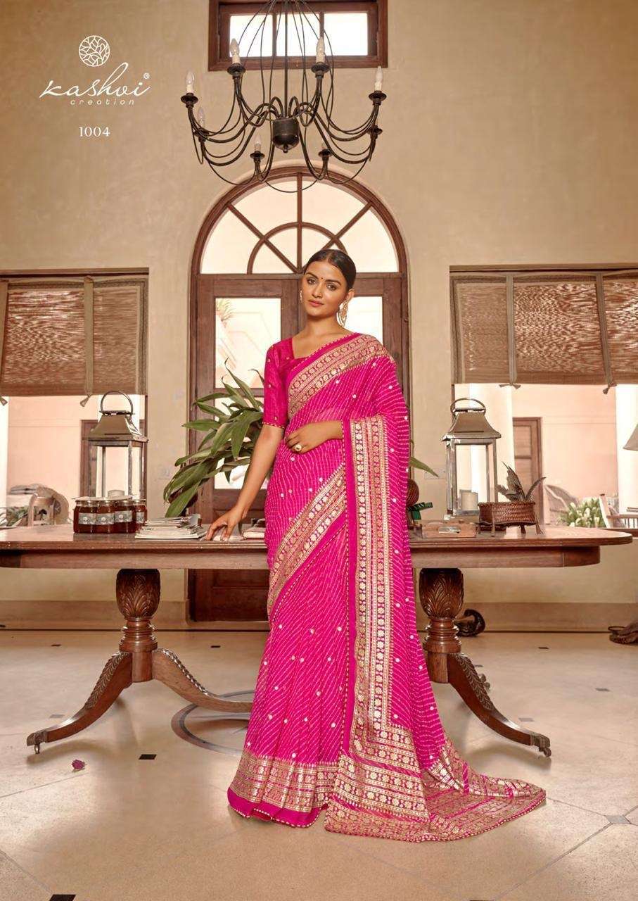 lt fabrics kashvi catalogue jhoomar leheriya georgette with foil print and fancy blouse leheriya stylish saree collection  