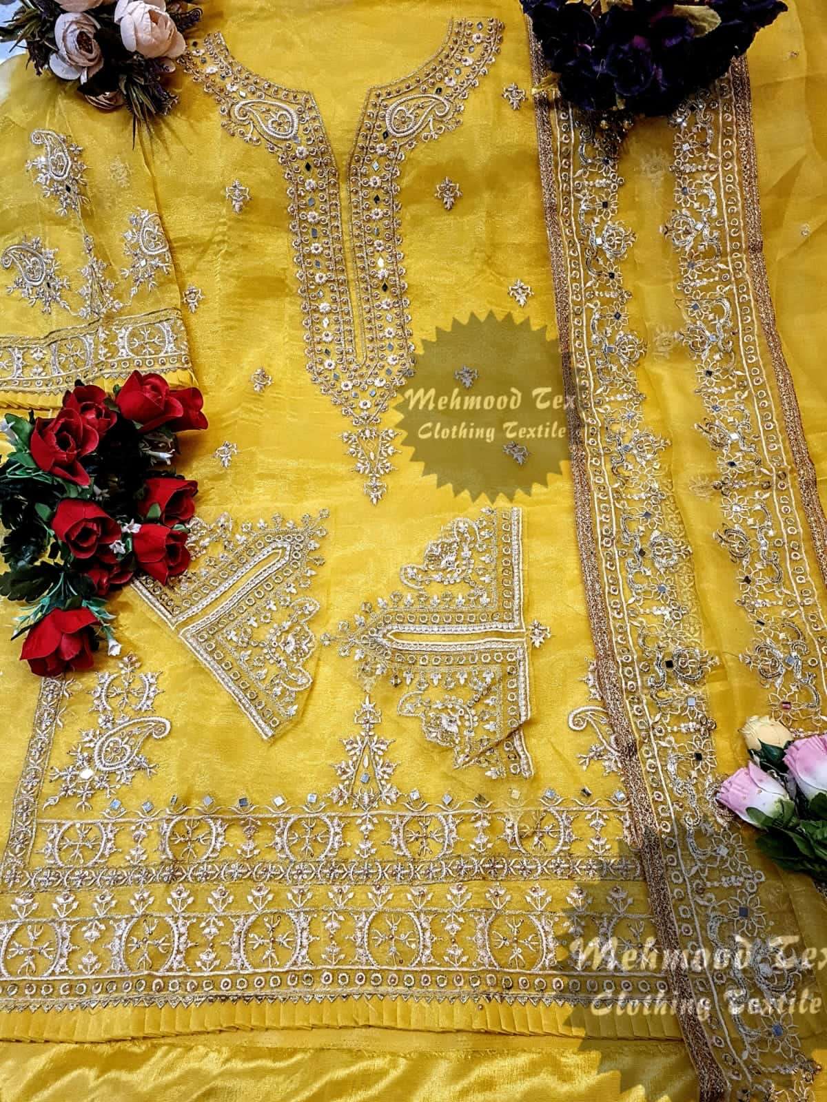 mehmood tex present m 12 mirror organza pakistani concept suits collection organza with golden zari embroidery with mirror work 