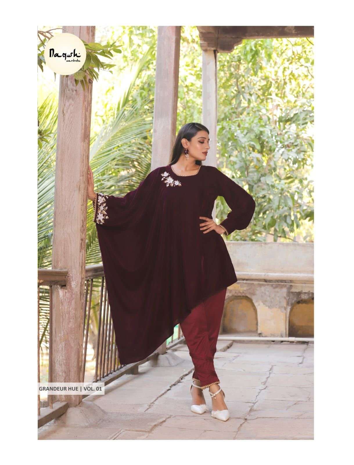 naqsh wardrobe grandeur hue vol 1 sinful wine colour kaftan abaya handwork onesided stylish kaftan abaya with beautifull pant collection