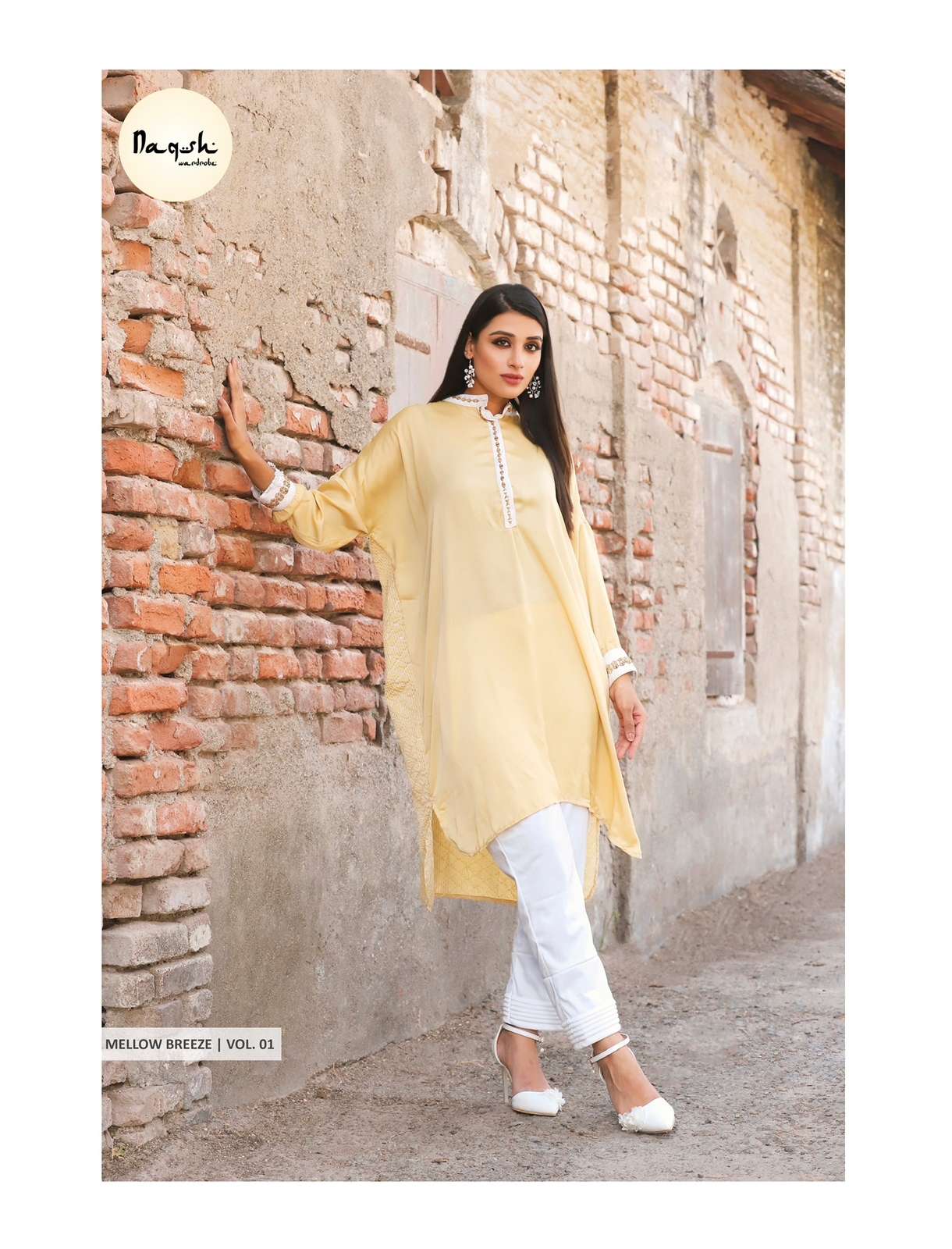naqsh wardrobe mellow breeze vol 2 the yellow and white combined women readymade kaftan style kurtie with pant boxy fit sober top with pant 