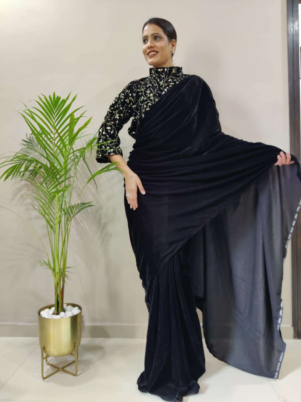 ready to wear saree collection with real modelling shoot with full stiched jacket style blouse velvet saree collection ready to wear saree collection  
