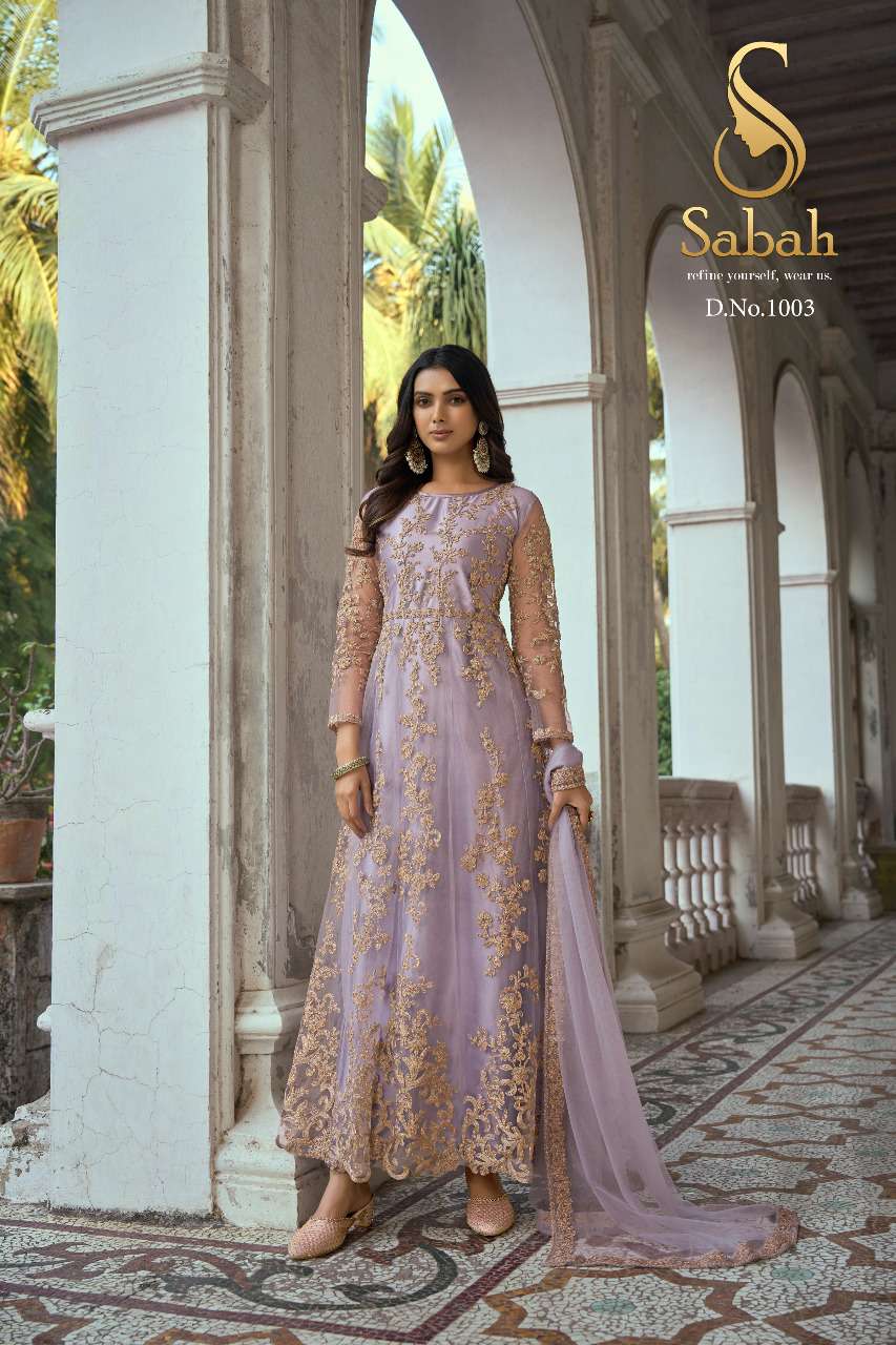 sabah catalogue ruksaar series 1001 to 1004 designer partywear anarkali gown style dresses indian catalogue brand collection 