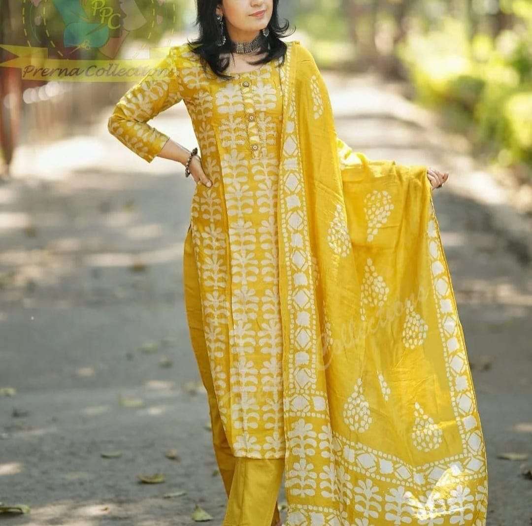 sunshine brighter pure cotton jaipuri print anarkali kurti beautifully designed in kalis to give classy look yellow colour dailywear simple sober kurtie with pant and duppta readymade suits collection