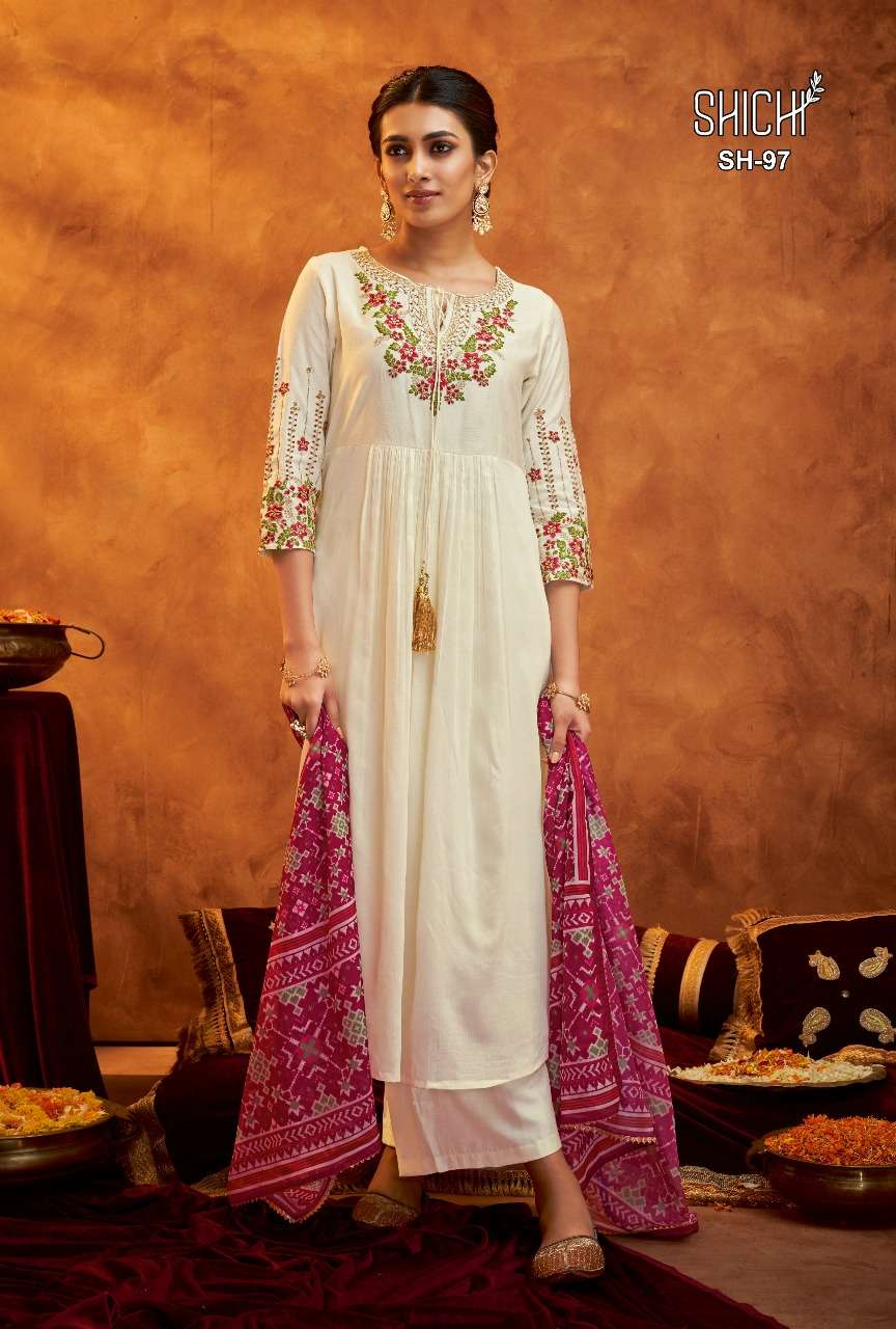 surbhi group brand shichi catalogue reet series sh 97 to sh 102 indian designer readymade suit collection simple sober readymade kurtie with plazo and duppta