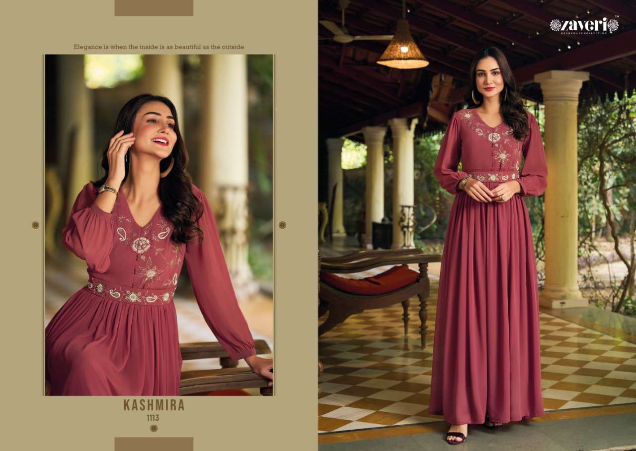zaveri readymade collection catalogue kashmira series 1113 to 1116 indian simple and sober handwork boutique style gown collection girlish wear partywear readymade gown