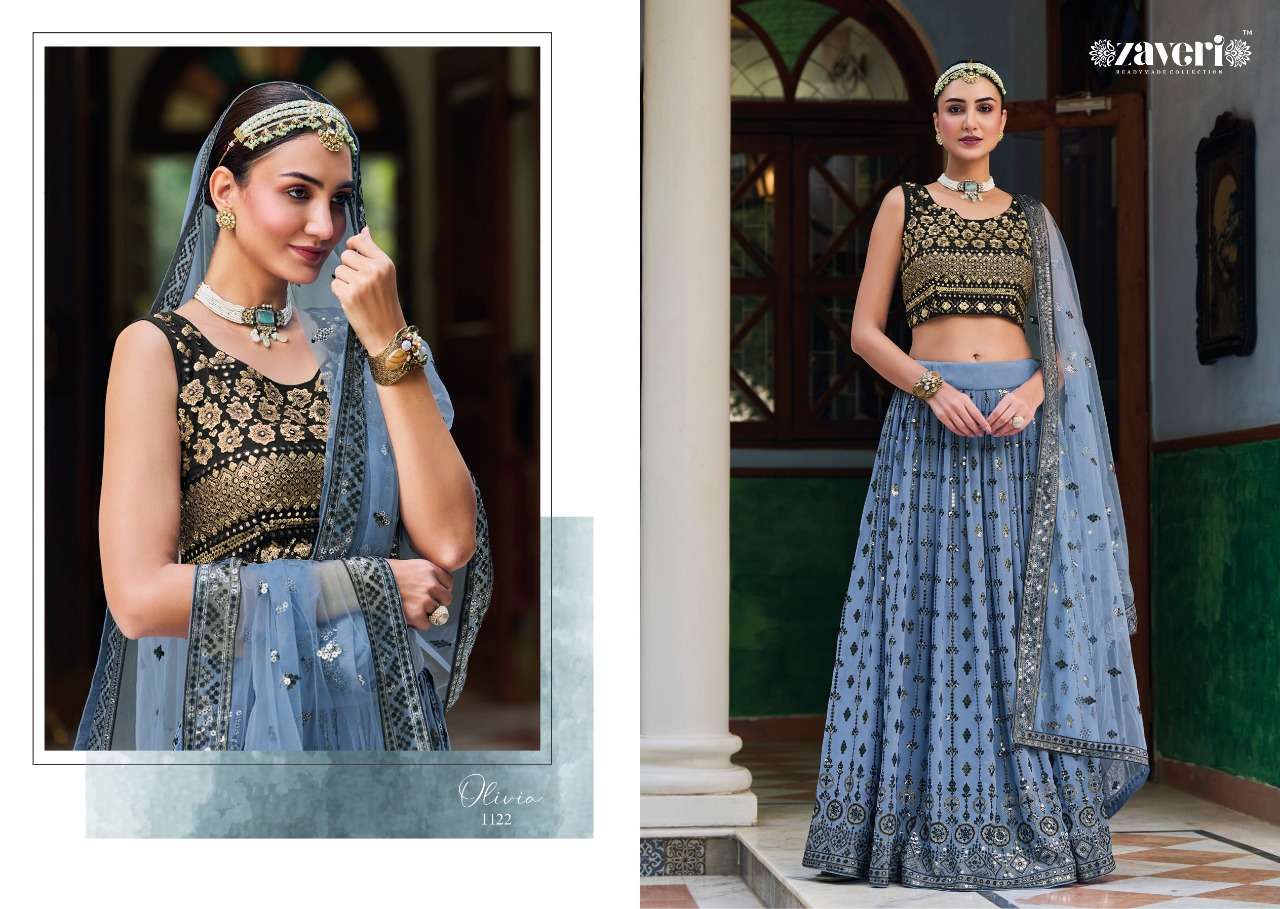 zaveri readymade collection catalogue olivia series 1121 to 1123 beautifull designer partywear lehenga collection wedding function lehenga georgette n embroidery work 